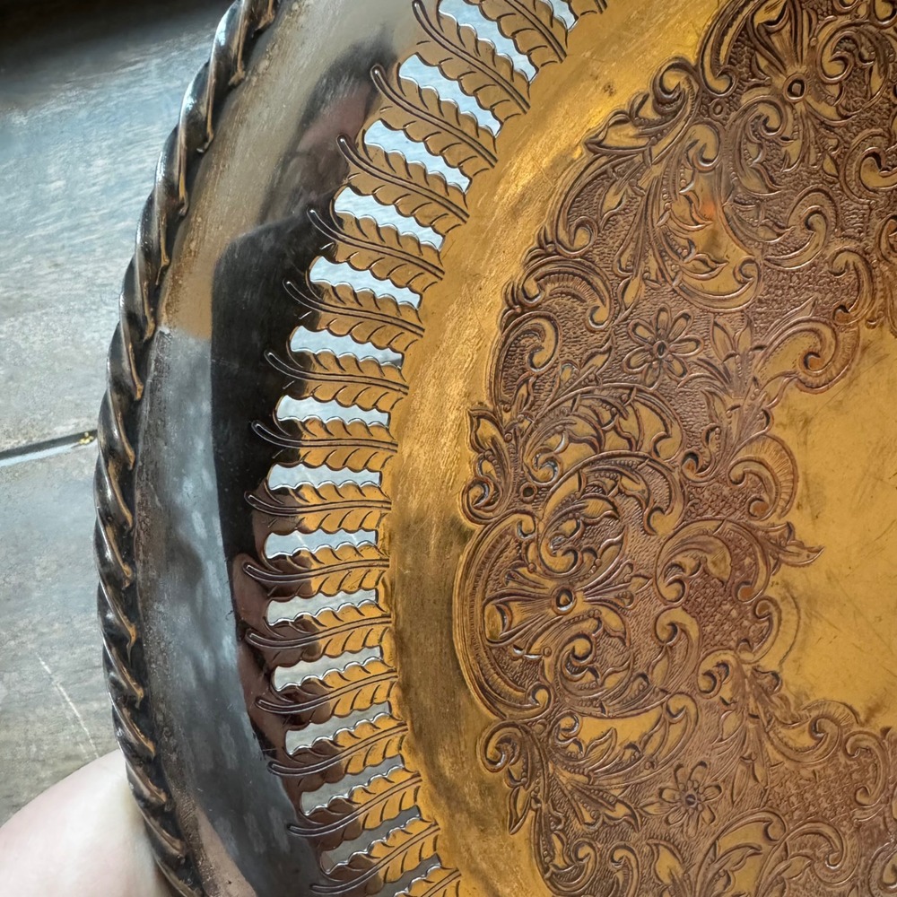 Antique European 540 Silver on Copper Tea Tray Art Nouveau Floral Rope Rim 10.5 - Picture 8 of 9